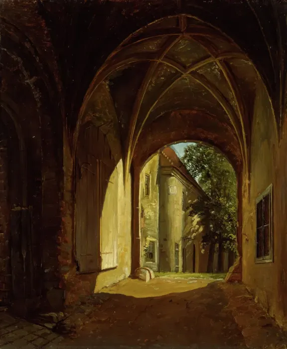 Framed Print : A vaulted Hall in the Scharfenberg Castle near Dresden, probably 1829. Creator: Thomas Fearnley Framed Print : A vaulted Hall in the Scharfenberg Castle near Dresden, probably 1829. Creator: Thomas Fearnley