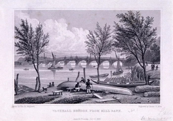 Framed Print : Vauxhall Bridge, Lambeth, London, 1829. Artist: James B Allen Framed Print : Vauxhall Bridge, Lambeth, London, 1829. Artist: James B Allen