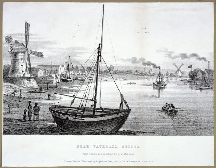 Framed Print : Vauxhall Bridge, London, 1829. Artist: FV Martens Framed Print : Vauxhall Bridge, London, 1829. Artist: FV Martens