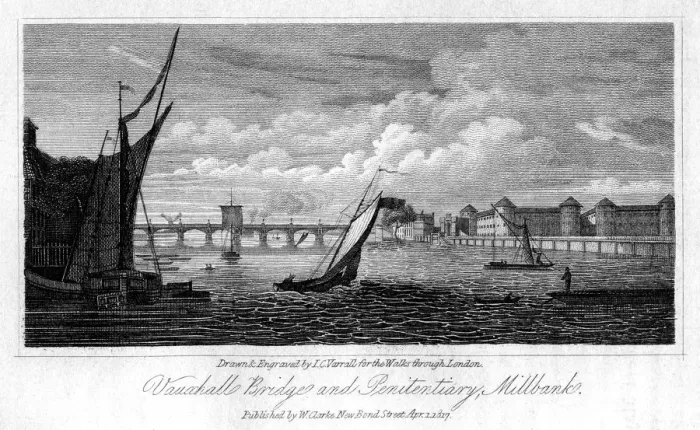 Framed Print : Vauxhall Bridge and Millbank Penitentiary, Westminster, London, 1817. Artist: JC Varrall Framed Print : Vauxhall Bridge and Millbank Penitentiary, Westminster, London, 1817. Artist: JC Varrall