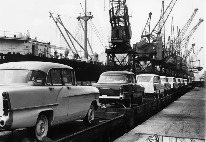 Framed Print : Vauxhall Victors for export at docks 1958. Creator: Unknown Framed Print : Vauxhall Victors for export at docks 1958. Creator: Unknown