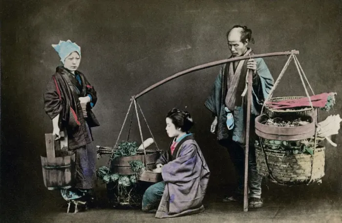 Framed Print : Vegetable pedlar, Japan, 1882. Artist: Felice Beato Framed Print : Vegetable pedlar, Japan, 1882. Artist: Felice Beato