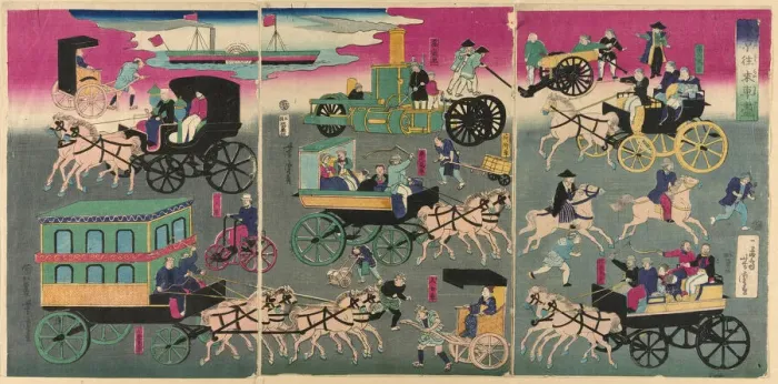 Framed Print : Vehicles on the Streets of Tokyo (Tokyo orai kuruma zukushi), 1870 Framed Print : Vehicles on the Streets of Tokyo (Tokyo orai kuruma zukushi), 1870