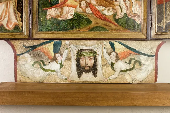 Framed Print : Veil of St Veronica Held by Two Angels, Altar Retable from the Church in Moszczenica Nizna... c1480 Creator: Unknown Framed Print : Veil of St Veronica Held by Two Angels, Altar Retable from the Church in Moszczenica Nizna... c1480 Creator: Unknown