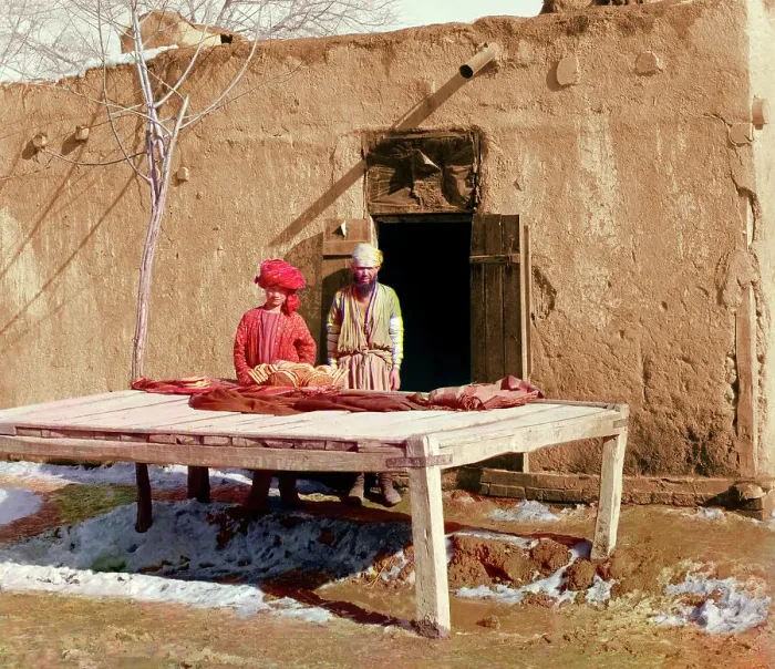 Framed Print : Vendors beside table displaying flatbread, between 1905 and 1915. Creator: Sergey Mikhaylovich Prokudin-Gorsky Framed Print : Vendors beside table displaying flatbread, between 1905 and 1915. Creator: Sergey Mikhaylovich Prokudin-Gorsky