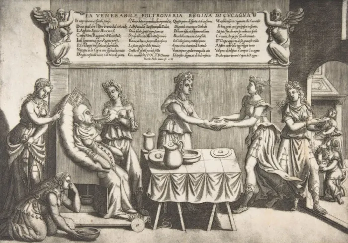 Framed Print : Venerable Idleness, Queen of Cockaigne; a fat woman seated on a movable toilet chair Framed Print : Venerable Idleness, Queen of Cockaigne; a fat woman seated on a movable toilet chair
