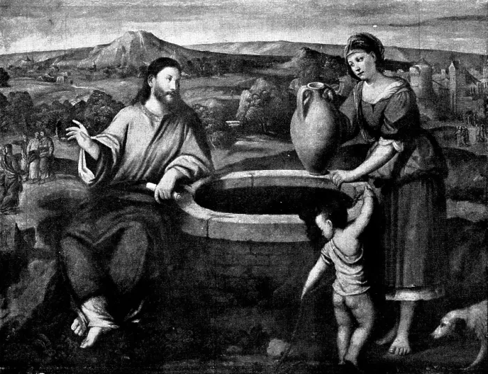 Framed Print : Venetian Art at the New Gallery: Christ and the Woman of Samaria - by Bonifazio, 1895. Creator: Unknown Framed Print : Venetian Art at the New Gallery: Christ and the Woman of Samaria - by Bonifazio, 1895. Creator: Unknown
