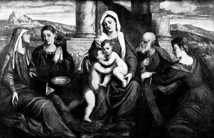 Framed Print : Venetian Art at the New Gallery: The Virgin and Child with Saints - by Bonifazio, 1895. Creator: Unknown Framed Print : Venetian Art at the New Gallery: The Virgin and Child with Saints - by Bonifazio, 1895. Creator: Unknown