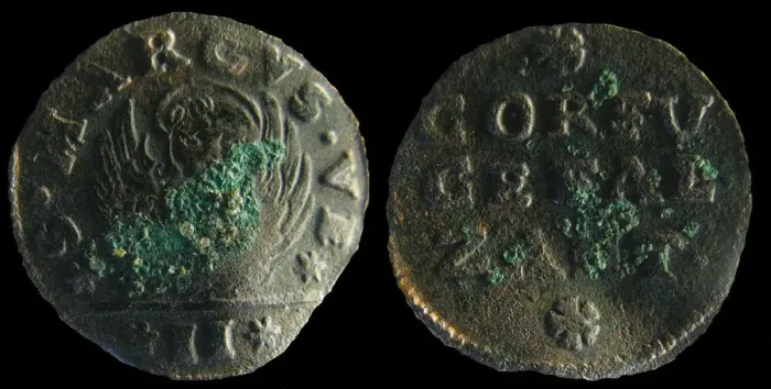 Framed Print : Venetian colonial gazzetta (coin) of the Ionian Islands. (A gazzetta = 2 soldi), 1710-1724. Artist: Numismatic, West European Coins Framed Print : Venetian colonial gazzetta (coin) of the Ionian Islands. (A gazzetta = 2 soldi), 1710-1724. Artist: Numismatic, West European Coins
