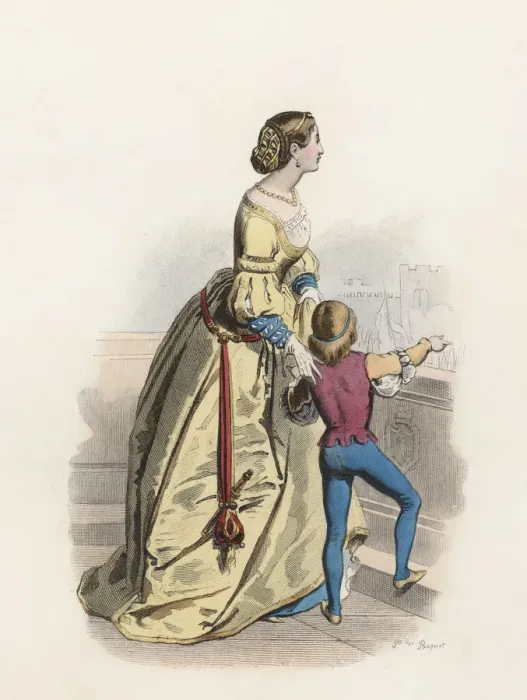 Framed Print : Venetian young woman and child in the Modern Age, color engraving 1870 Framed Print : Venetian young woman and child in the Modern Age, color engraving 1870