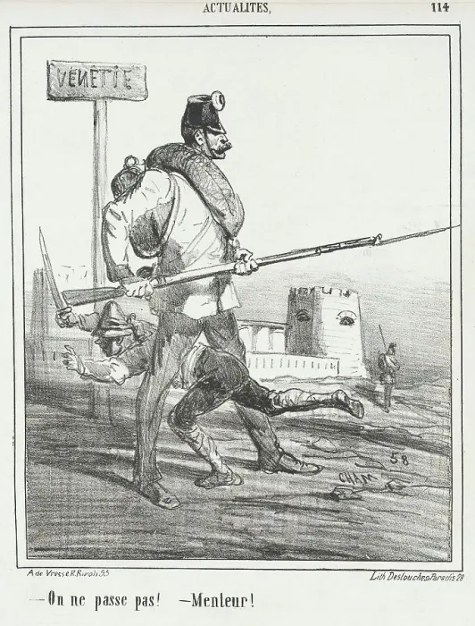Framed Print : Venetie: On ne passe pas! -Menteur!, 1866. Creator: Cham Framed Print : Venetie: On ne passe pas! -Menteur!, 1866. Creator: Cham