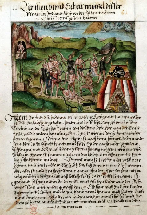 Framed Print : Venezuelans attacking Spanish conquistadors, c16th century. Artist: Hieronyouse Koler Framed Print : Venezuelans attacking Spanish conquistadors, c16th century. Artist: Hieronyouse Koler