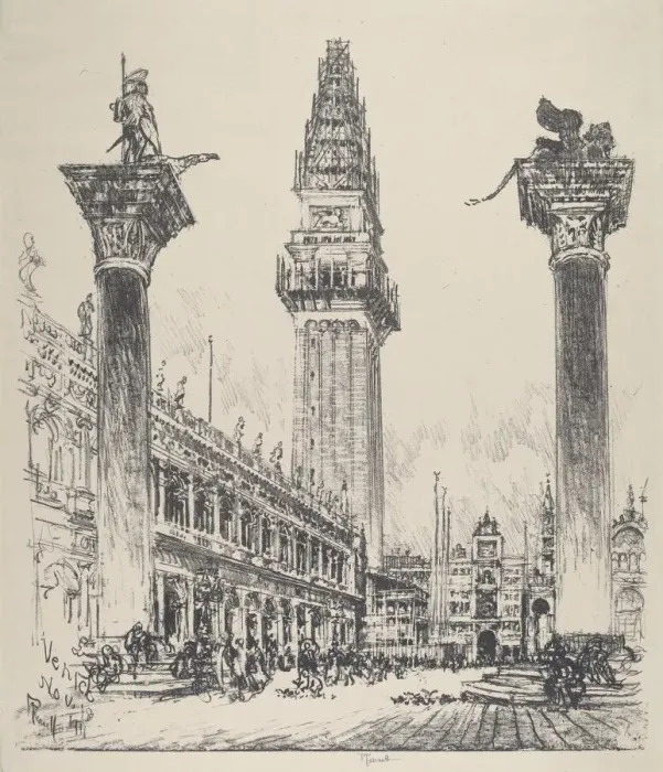 Framed Print : Venice, Rebuilding the Campanile, 1911. Creator: Joseph Pennell