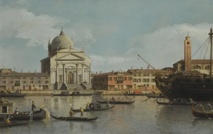 Framed Print : Venice, a view of the Churches of the Redentore and San Giacomo, with a moored Man-of-war, gondolas Framed Print : Venice, a view of the Churches of the Redentore and San Giacomo, with a moored Man-of-war, gondolas