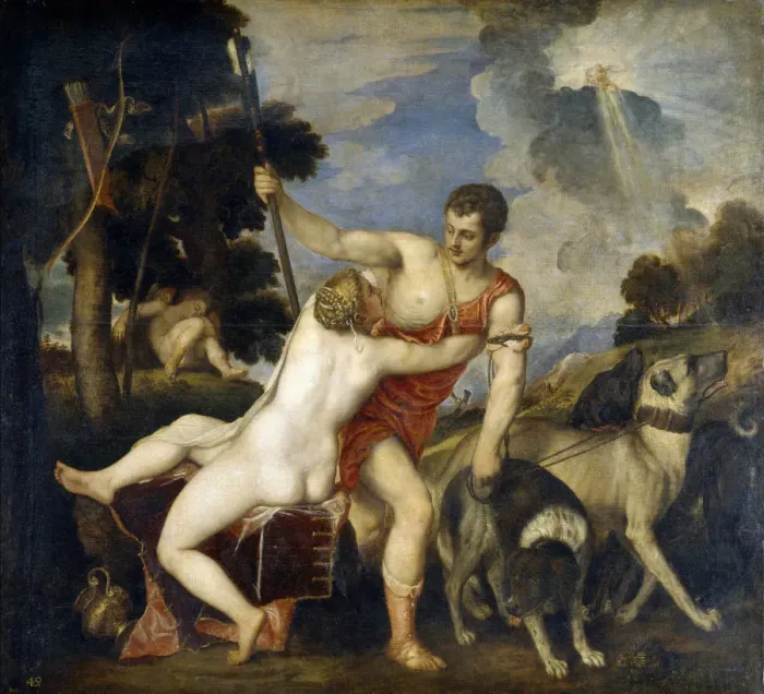 Framed Print : Venus and Adonis. Artist: Titian (1488-1576) Framed Print : Venus and Adonis. Artist: Titian (1488-1576)