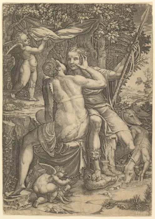Framed Print : Venus and Adonis, ca. 1570. Creator: Giorgio Ghisi Framed Print : Venus and Adonis, ca. 1570. Creator: Giorgio Ghisi