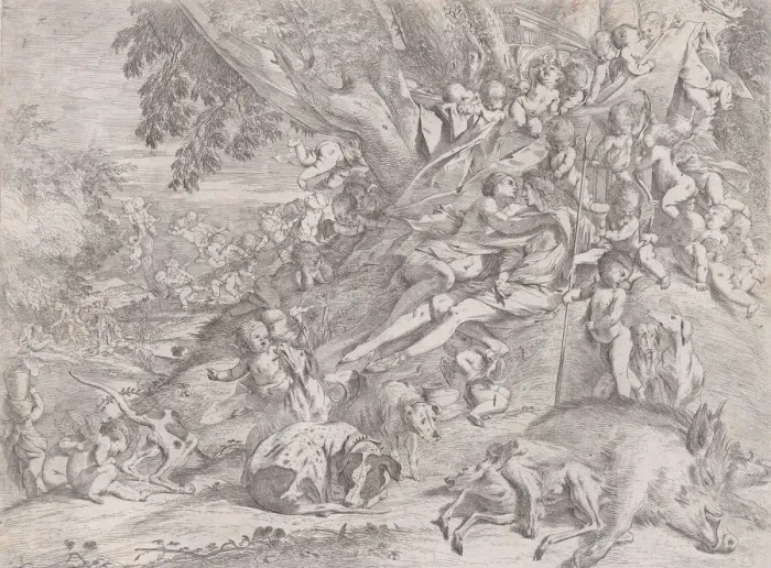 Framed Print : Venus and Adonis, surrounded by many putti, reclining after the hunt, with a dead boar Framed Print : Venus and Adonis, surrounded by many putti, reclining after the hunt, with a dead boar