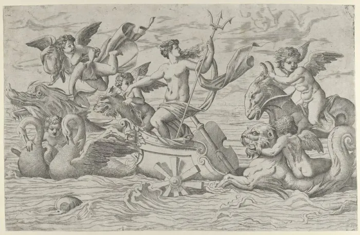 Framed Print : Venus in a Chariot drawn by Two Swans, ca. 1544. Creator: Master IQV Framed Print : Venus in a Chariot drawn by Two Swans, ca. 1544. Creator: Master IQV