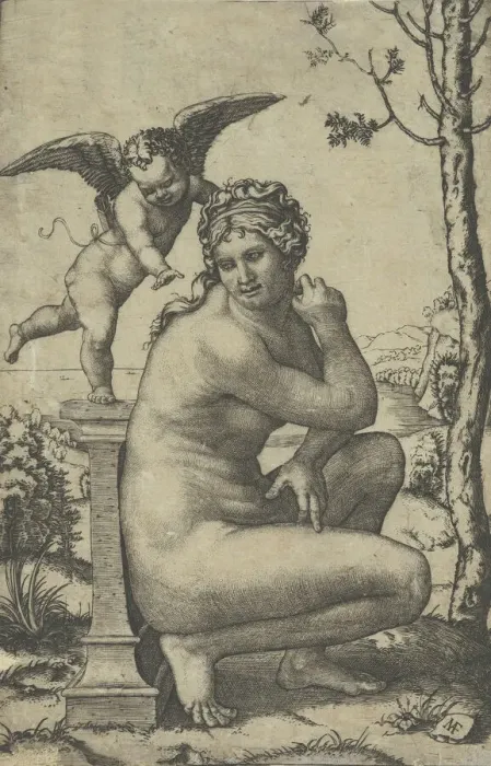 Framed Print : Venus crouching by a plinth on top of which stands Cupid, ca. 1510-27. Creator: Marcantonio Raimondi Framed Print : Venus crouching by a plinth on top of which stands Cupid, ca. 1510-27. Creator: Marcantonio Raimondi