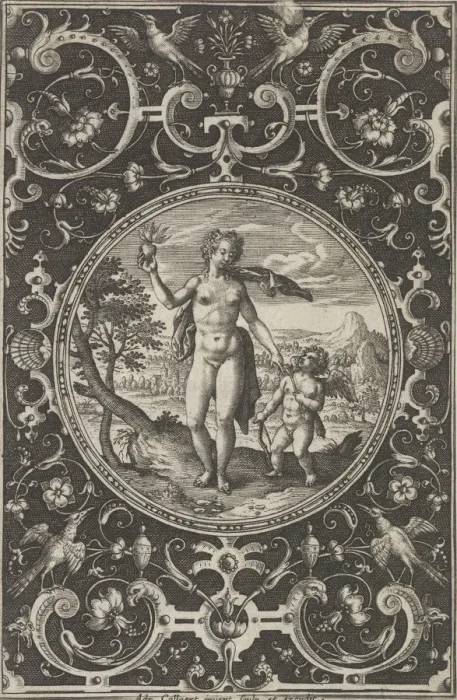 Framed Print : Venus and Cupid in a Decorative Frame with Grotesques, from the Judgment of Paris Framed Print : Venus and Cupid in a Decorative Frame with Grotesques, from the Judgment of Paris