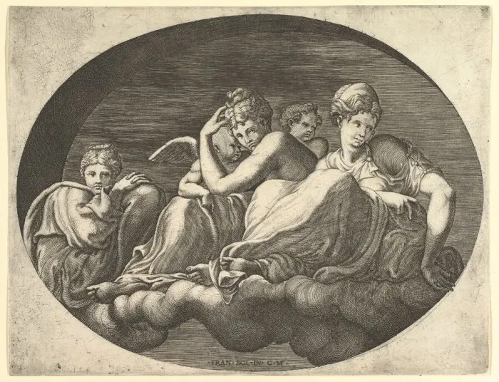 Framed Print : Venus and Cupid, Two Other Goddesses, and a Putto, from a series of eight compositions af Framed Print : Venus and Cupid, Two Other Goddesses, and a Putto, from a series of eight compositions af