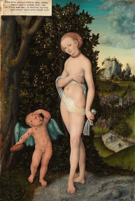 Framed Print : Venus with Cupid as a honey thief, 1530. Creator: Cranach, Lucas, the Elder (1472-1553) Framed Print : Venus with Cupid as a honey thief, 1530. Creator: Cranach, Lucas, the Elder (1472-1553)
