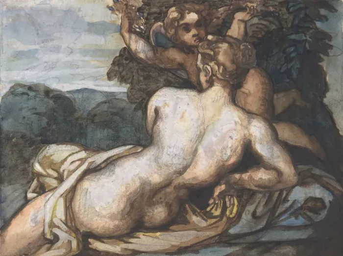Framed Print : Venus and Cupid in a Landscape, after Annibale Carracci (recto), 1816-17 Framed Print : Venus and Cupid in a Landscape, after Annibale Carracci (recto), 1816-17