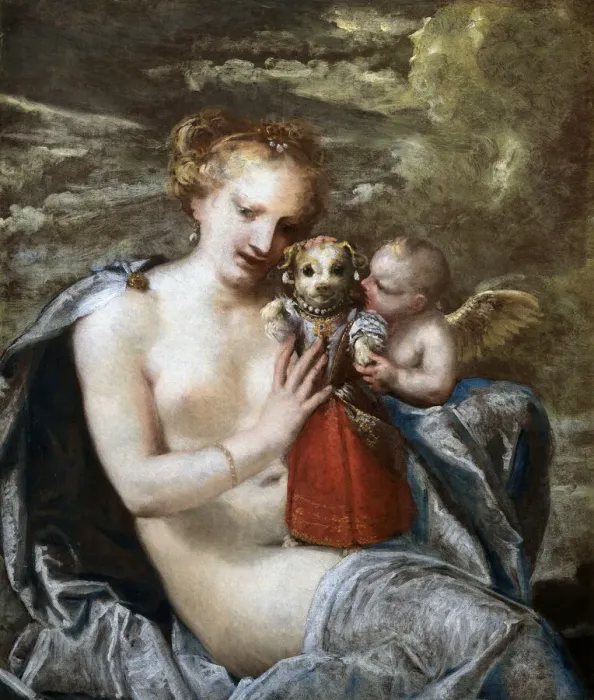 Framed Print : Venus, Cupid and little dog dressed as a child. Creator: Liberi, Pietro (1605-1687) Framed Print : Venus, Cupid and little dog dressed as a child. Creator: Liberi, Pietro (1605-1687)