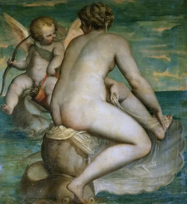 Framed Print : Venus and Cupid at sea, ca 1580-1585. Creator: Cambiaso (Cambiasi), Luca (1527-1585) Framed Print : Venus and Cupid at sea, ca 1580-1585. Creator: Cambiaso (Cambiasi), Luca (1527-1585)