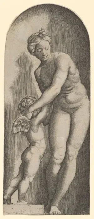 Framed Print : Venus and Cupid standing in a niche, ca. 1500-1527. Creator: Marcantonio Raimondi Framed Print : Venus and Cupid standing in a niche, ca. 1500-1527. Creator: Marcantonio Raimondi