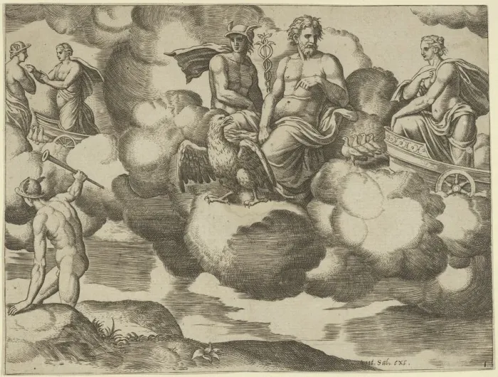 Framed Print : Venus in her dove-drawn chariot complaining to Jupiter who is accompanied by Mercury, f... 1530-60. Creator: Master of the Die Framed Print : Venus in her dove-drawn chariot complaining to Jupiter who is accompanied by Mercury, f... 1530-60. Creator: Master of the Die