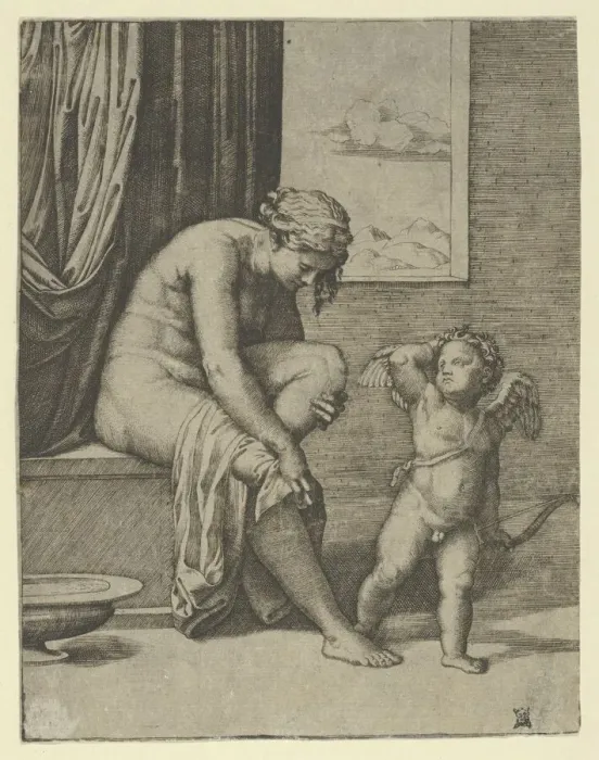 Framed Print : Venus drying her foot with a piece of drapery, Cupid in front of her, holding a bow... ca. 1510-27. Creator: Marcantonio Raimondi Framed Print : Venus drying her foot with a piece of drapery, Cupid in front of her, holding a bow... ca. 1510-27. Creator: Marcantonio Raimondi