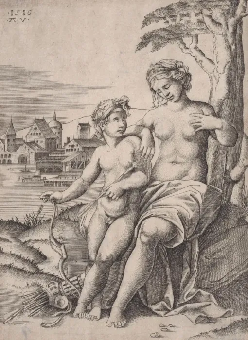 Framed Print : Venus and Eros, dated 1516. Creator: Agostino Veneziano