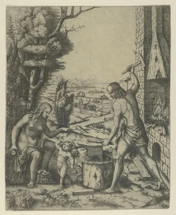 Framed Print : Venus at left holding a golden apple in her right hand and an arrow in her left, Vulca... ca. 1505. Creator: Marcantonio Raimondi Framed Print : Venus at left holding a golden apple in her right hand and an arrow in her left, Vulca... ca. 1505. Creator: Marcantonio Raimondi
