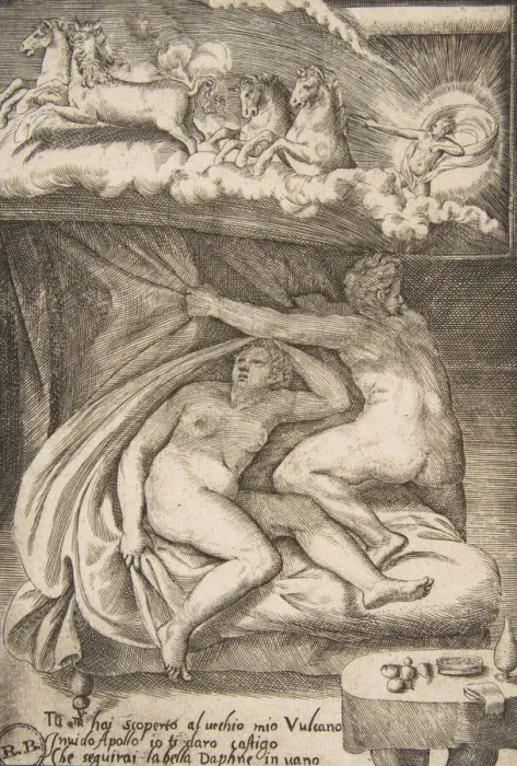 Framed Print : Venus and Mars discovered by Apollo, from The Loves of the Gods, 1531-60 Framed Print : Venus and Mars discovered by Apollo, from The Loves of the Gods, 1531-60