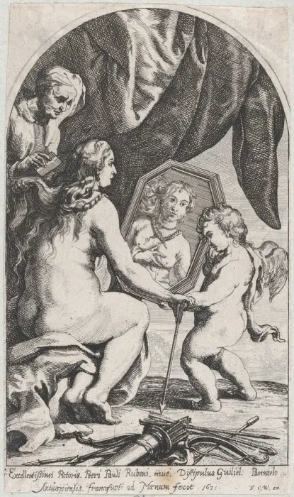 Framed Print : Venus before a mirror held by Cupid while her hair is combed by an old woman, 1631 Framed Print : Venus before a mirror held by Cupid while her hair is combed by an old woman, 1631