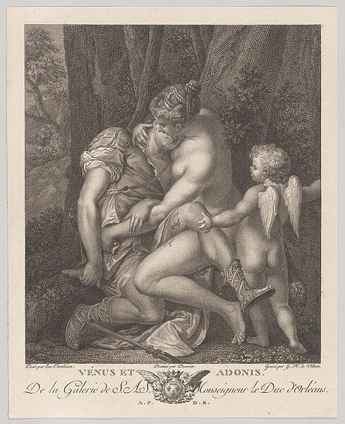 Venus mourning Adonis, seated beneath a tree and embracing him, with Cupid at right, c
