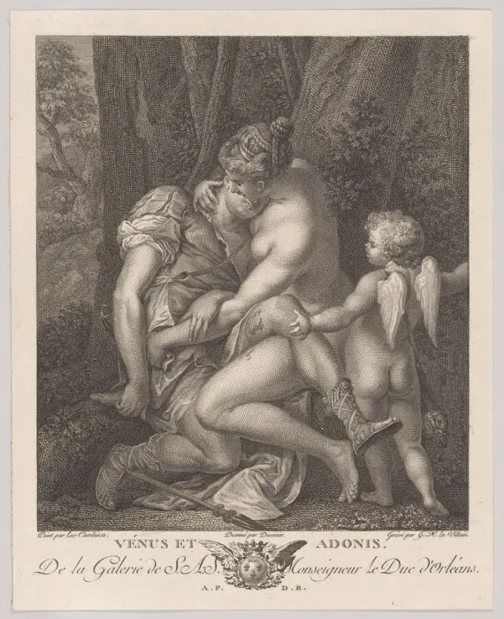 Framed Print : Venus mourning Adonis, seated beneath a tree and embracing him, with Cupid at right, c Framed Print : Venus mourning Adonis, seated beneath a tree and embracing him, with Cupid at right, c
