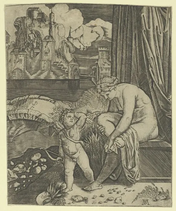 Framed Print : Venus naked sitting at right drying her foot with a piece of drapery, Cupid, in fro... ca. 1520-30. Creator: Anon Framed Print : Venus naked sitting at right drying her foot with a piece of drapery, Cupid, in fro... ca. 1520-30. Creator: Anon