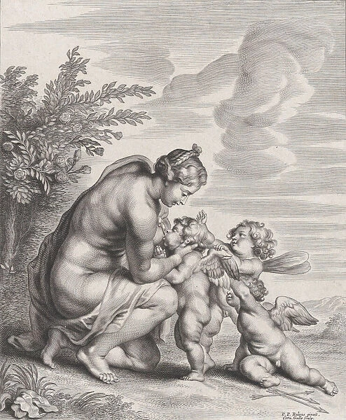 Venus nursing three Cupids in a landscape, ca. 1627-78. Creator: Cornelis Galle II