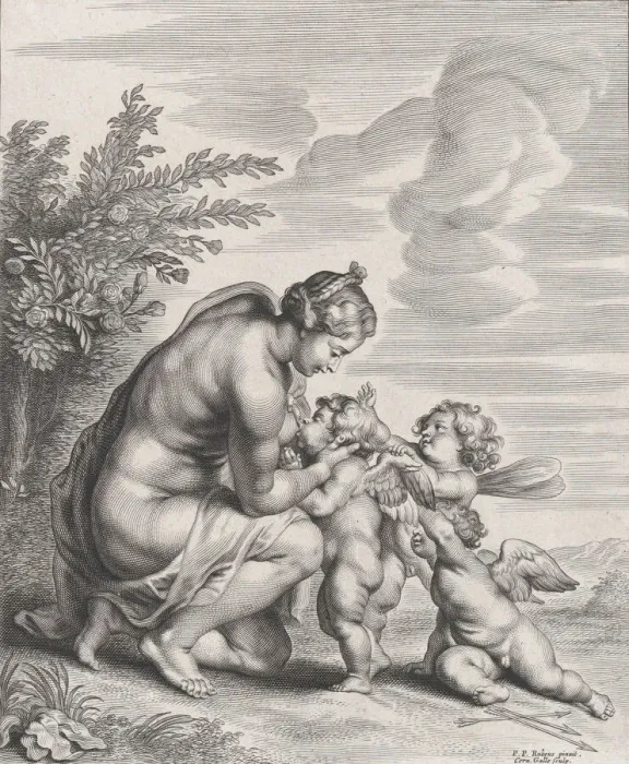 Framed Print : Venus nursing three Cupids in a landscape, ca. 1627-78. Creator: Cornelis Galle II Framed Print : Venus nursing three Cupids in a landscape, ca. 1627-78. Creator: Cornelis Galle II