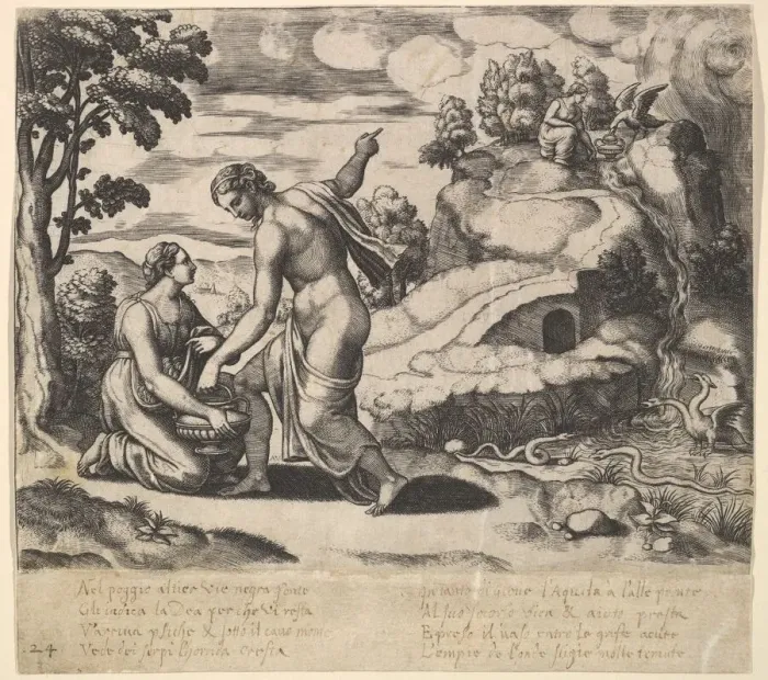 Framed Print : Venus ordering Psyche to take water from a fountain guarded by dragons, from the Fable Framed Print : Venus ordering Psyche to take water from a fountain guarded by dragons, from the Fable