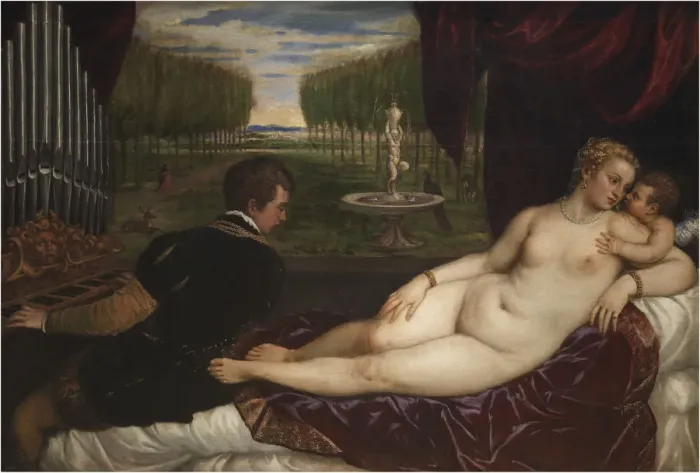 Framed Print : Venus with an Organist and Cupid, ca 1555. Creator: Titian (1488-1576) Framed Print : Venus with an Organist and Cupid, ca 1555. Creator: Titian (1488-1576)
