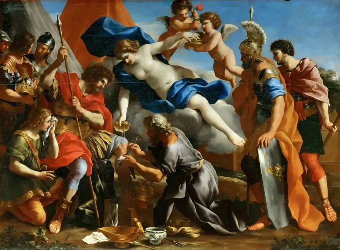 Framed Print : Venus Pouring a Balm on the Wound of Aeneas. Artist: Romanelli, Giovanni Francesco (1610-1662) Framed Print : Venus Pouring a Balm on the Wound of Aeneas. Artist: Romanelli, Giovanni Francesco (1610-1662)