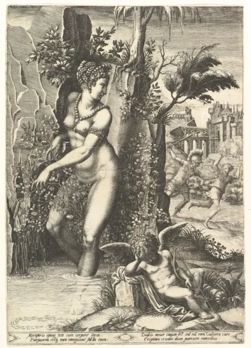 Framed Print : Venus pricked by the thorns on a rose bush, in the background Mars chasing Adonis Framed Print : Venus pricked by the thorns on a rose bush, in the background Mars chasing Adonis