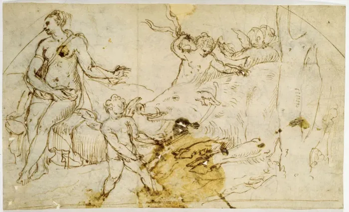 Framed Print : Venus, putti and a wild Boar, c. 1520-1540. Artist: Perino del Vaga Framed Print : Venus, putti and a wild Boar, c. 1520-1540. Artist: Perino del Vaga