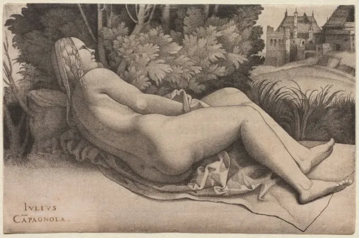 Framed Print : Venus Reclining in a Landscape, c. 1508-9. Creator: Giulio Campagnola (Italian, 1482-1515) Framed Print : Venus Reclining in a Landscape, c. 1508-9. Creator: Giulio Campagnola (Italian, 1482-1515)