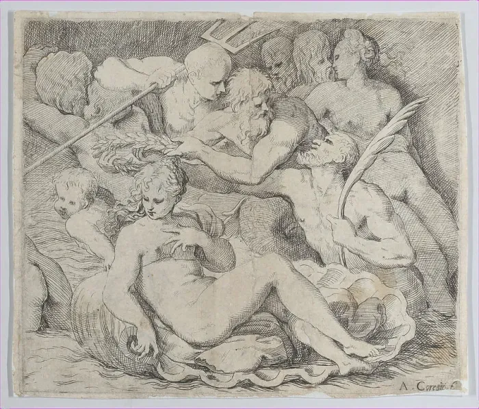 Framed Print : Venus, recumbent on a shell, surrounded by sea gods, 1520-1600. Creator: Anon Framed Print : Venus, recumbent on a shell, surrounded by sea gods, 1520-1600. Creator: Anon
