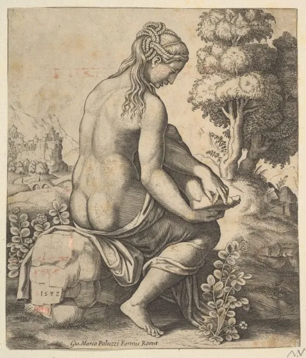 Framed Print : Venus removing a thorn from her foot, 1532. Creator: Master of the Die Framed Print : Venus removing a thorn from her foot, 1532. Creator: Master of the Die