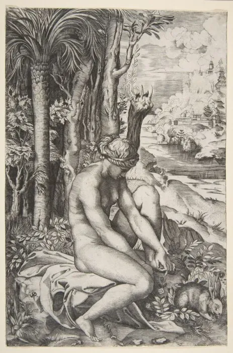 Framed Print : Venus removing a thorn from her left foot while seated on a cloth next to trees, a Framed Print : Venus removing a thorn from her left foot while seated on a cloth next to trees, a